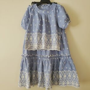 Tuckernuck Cotton Poplin Tiered Maxi Skirt Set Airy Eyelet Lace Blue Cream Small